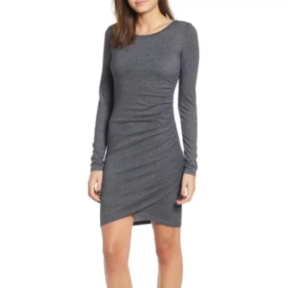 Leith Womens Heather Gray Ruched Side Bodycon Dress Long Sleeve Scoop Neck XS Leith Womens Heather Gray Ruched Side Bodycon Dress Long Sleeve Scoop Neck XS